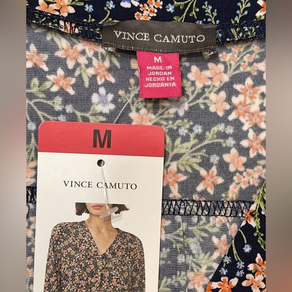 Vince Camuto Women’s Navy Blue Floral Print 3/4 Sleeve V-Neck Relaxed Blouse s M - Picture 7 of 11